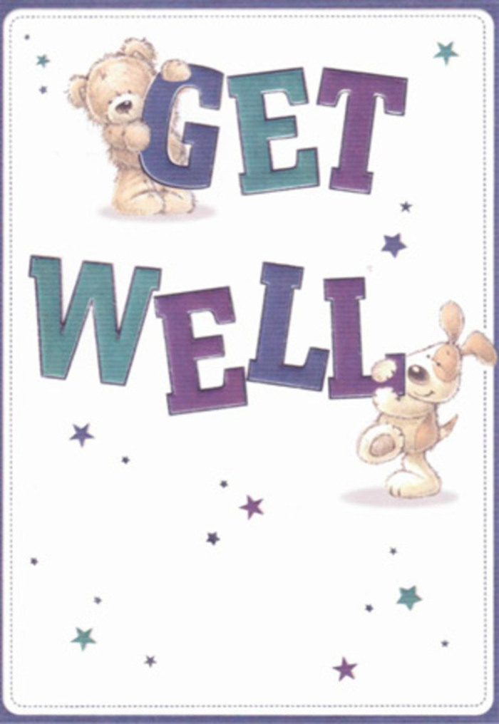 This get well card is an ode to gentle encouragement, portrayed through the joyful artistry of a bear and a beaming puppy, side by side. Their cuddly forms seem to almost leap from the smooth white card, echoing the tactile pleasures of velvet petals or soft moss in a hand-arranged bouquet from a Mile End florist. Playful stars in serene shades of indigo and turquoise swirl above, as though casting good wishes that float from one neighbour to another across Tower Hamlets. Each letter of 'Get Well' stands bold and inviting, washed in layered purples and teals, their cheerful confidence reminiscent of fresh blooms lit by morning sun streaming through Mile End's leafy avenues. The textures suggest a comforting touch-the bear's plush fur, the puppy's downy ears-all designed to bring an immediate sense of warmth and tenderness. It's easy to imagine sending this card alongside a bundle of freshly picked dahlias or freesias from Burdett Road, the combined gesture radiating genuine care and hope. The card's breezy, positive mood makes it a perfect companion for lifting the spirits of anyone recovering in our vibrant community.