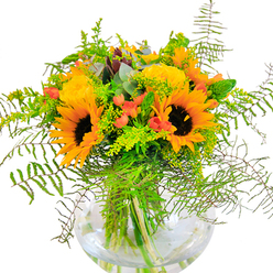 The first impression offered by this Mile End-inspired bouquet is one of glorious, sunburst exuberance-a true chorus of yellow and orange for the senses. Dominant sunflowers, their petals arranged in striking golden rays and their chocolate-brown centers inviting closer admiration, take pride of place. Nearby, buttery yellow roses unfold with intricate, velvety layers, their classic spirals reminiscent of traditional east London garden beds. Scarlet clusters of hypericum berries gleam vividly, threaded amongst a lush array of green, lifting the entire composition with their spicy red pop. Delicate fronds of fern and sprays of goldenrod tumble outwards, imbuing the bouquet with dynamic movement much like the windswept grasses along Mile End's own Green Bridge. Subtle bluish-green eucalyptus leaves weave a cooling undertone among the warm hues. The glass, fishbowl-like vase grounds everything, revealing slender, vital stems basking in clear water. Bathed in gentle daylight, the ensemble shines with a palpable freshness, emanating a light fragrance that suggests new beginnings and open air. This bouquet, hand-chosen by local florists familiar with the neighborhood's seasonal rhythms, is ideal for marking life's bright moments-whether it's an anniversary near Tredegar Square or a milestone celebrated deep in the heart of Tower Hamlets. Crafted with care and artistry, it serves as both a radiant centerpiece and a living symbol of happiness, ready to uplift any Mile End home or gathering.
